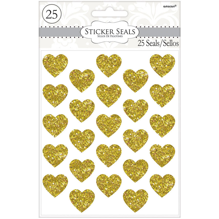 Gold Glitter Heart Seals (25 ct)