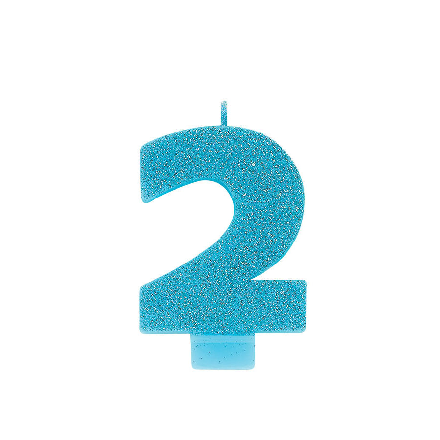 Caribbean Blue #2 Birthday Glitter 3.25" Numeral Candle