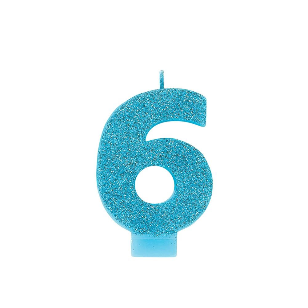 Caribbean Blue #6 Birthday Glitter 3.25" Numeral Candle