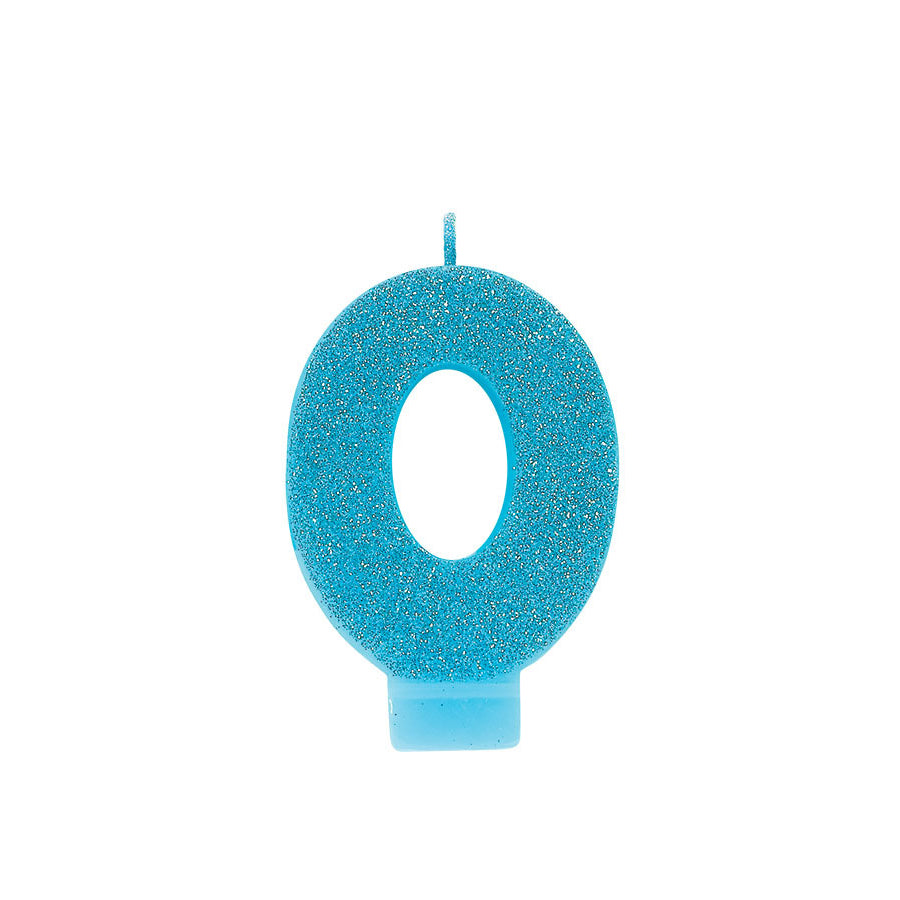 Caribbean Blue #0 Birthday Glitter 3.25" Numeral Candle