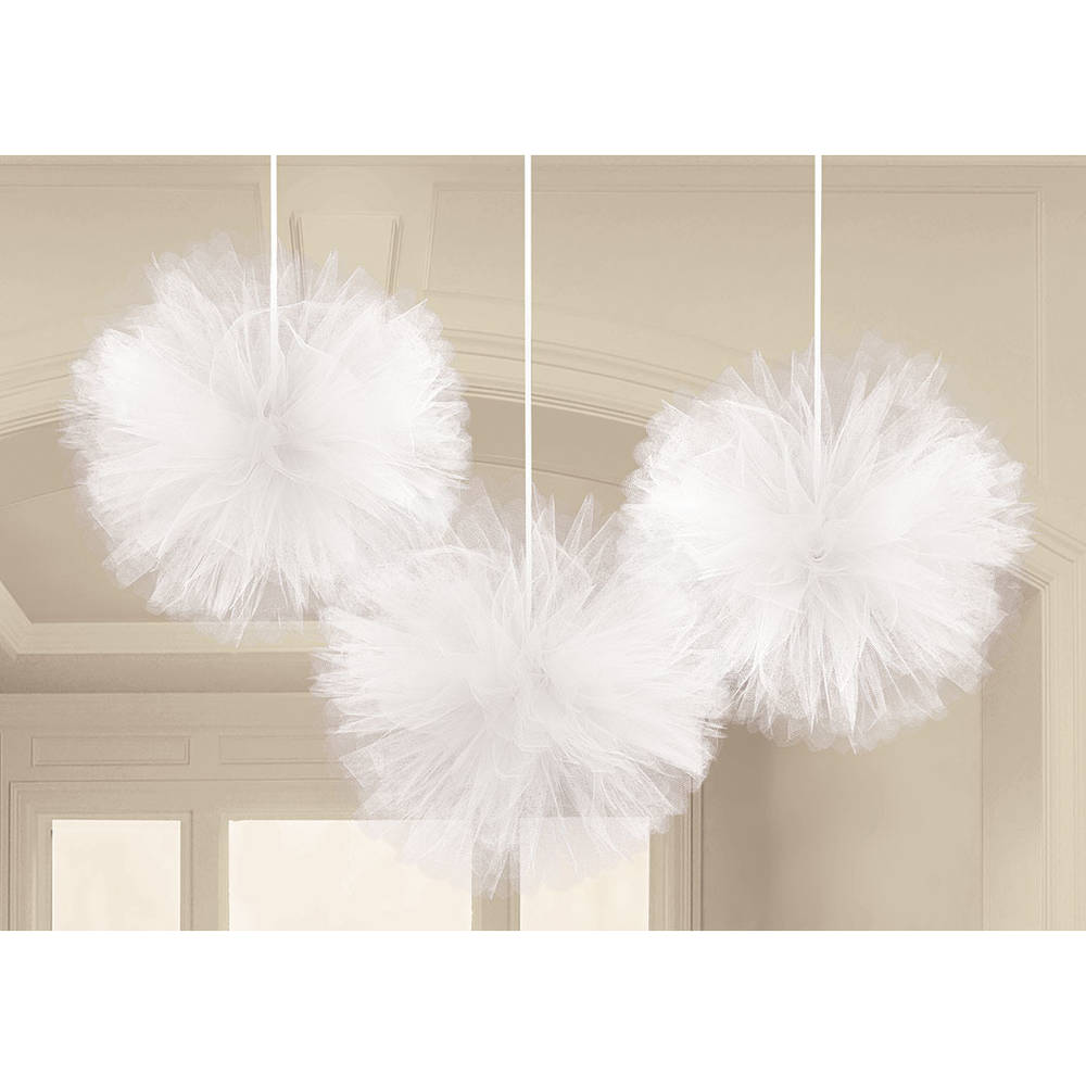 White Tulle Hanging Fluffy Decorations (3ct)