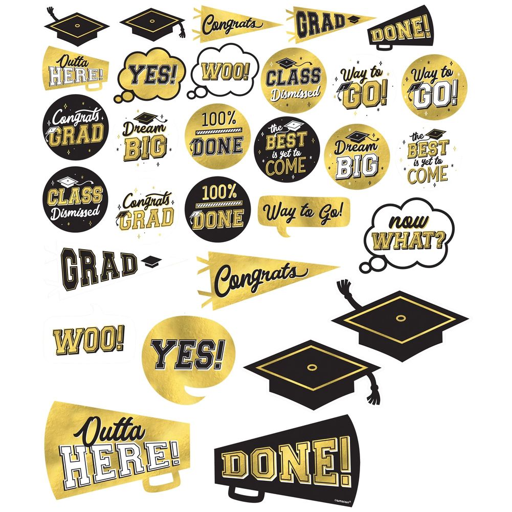 Graduation Cutouts Metallic Black Silver & Gold (30ct)