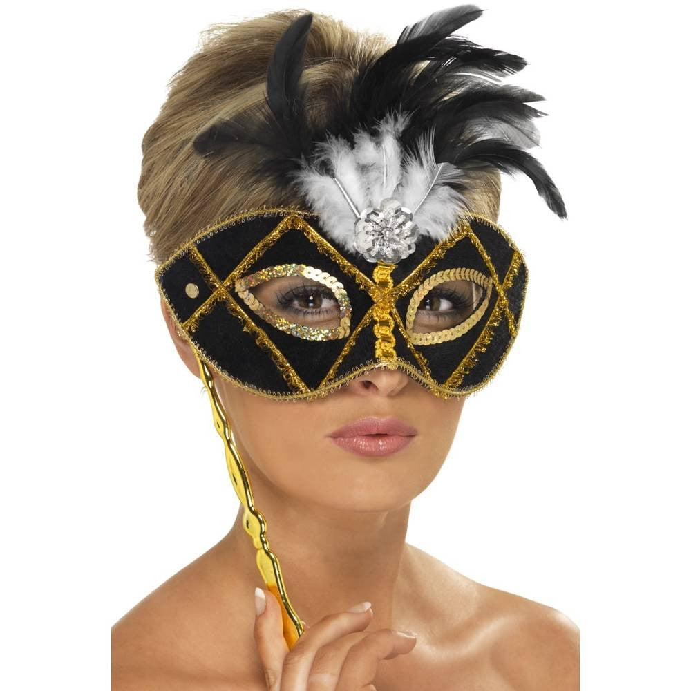 Eyemask Black and Gold with Feather on Stick