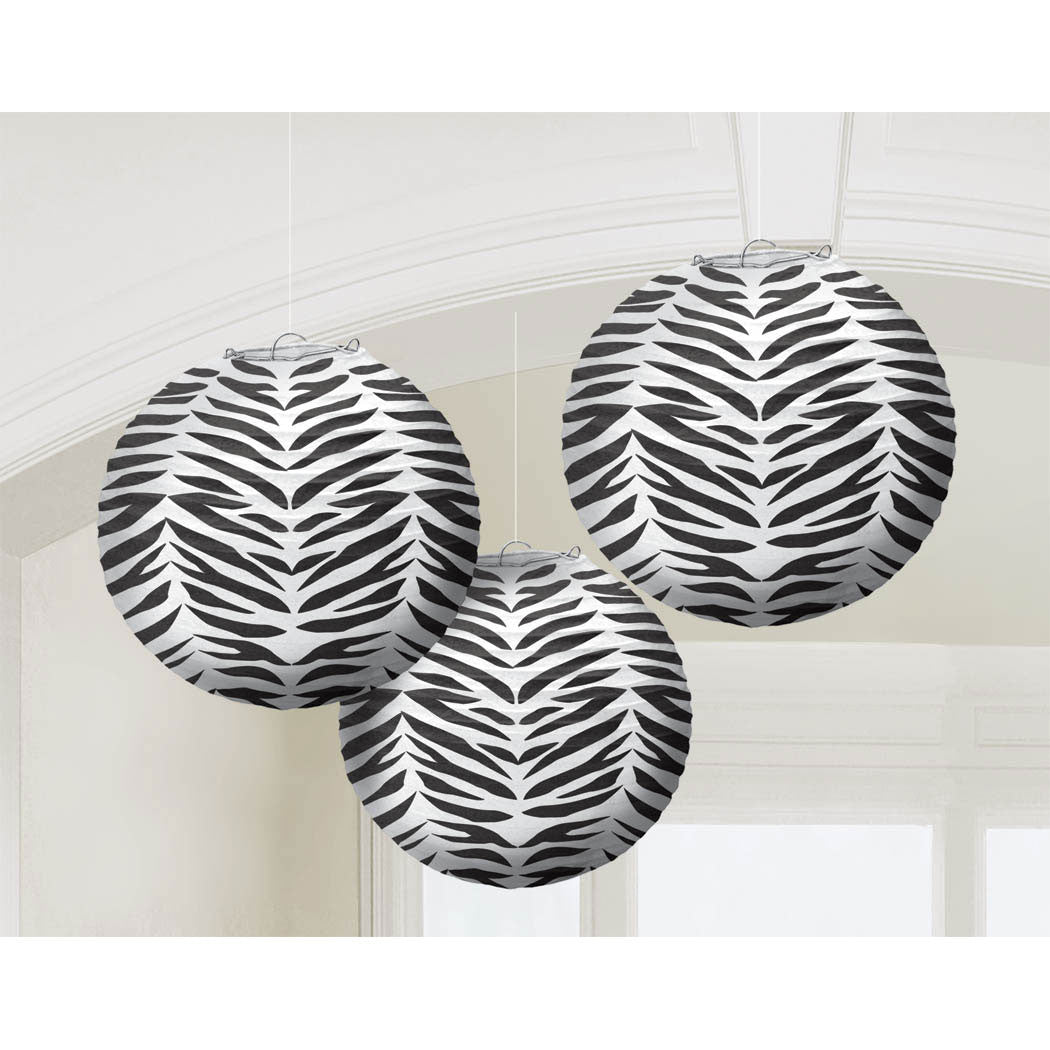 Zebra Print Round Paper Lanterns, 3ct