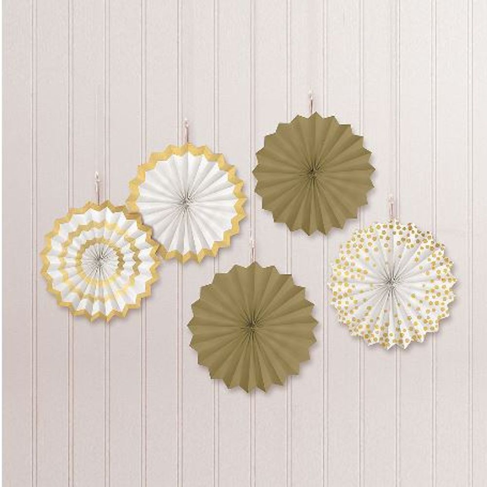 White and Gold Mini Paper Fan Decorations, 5ct