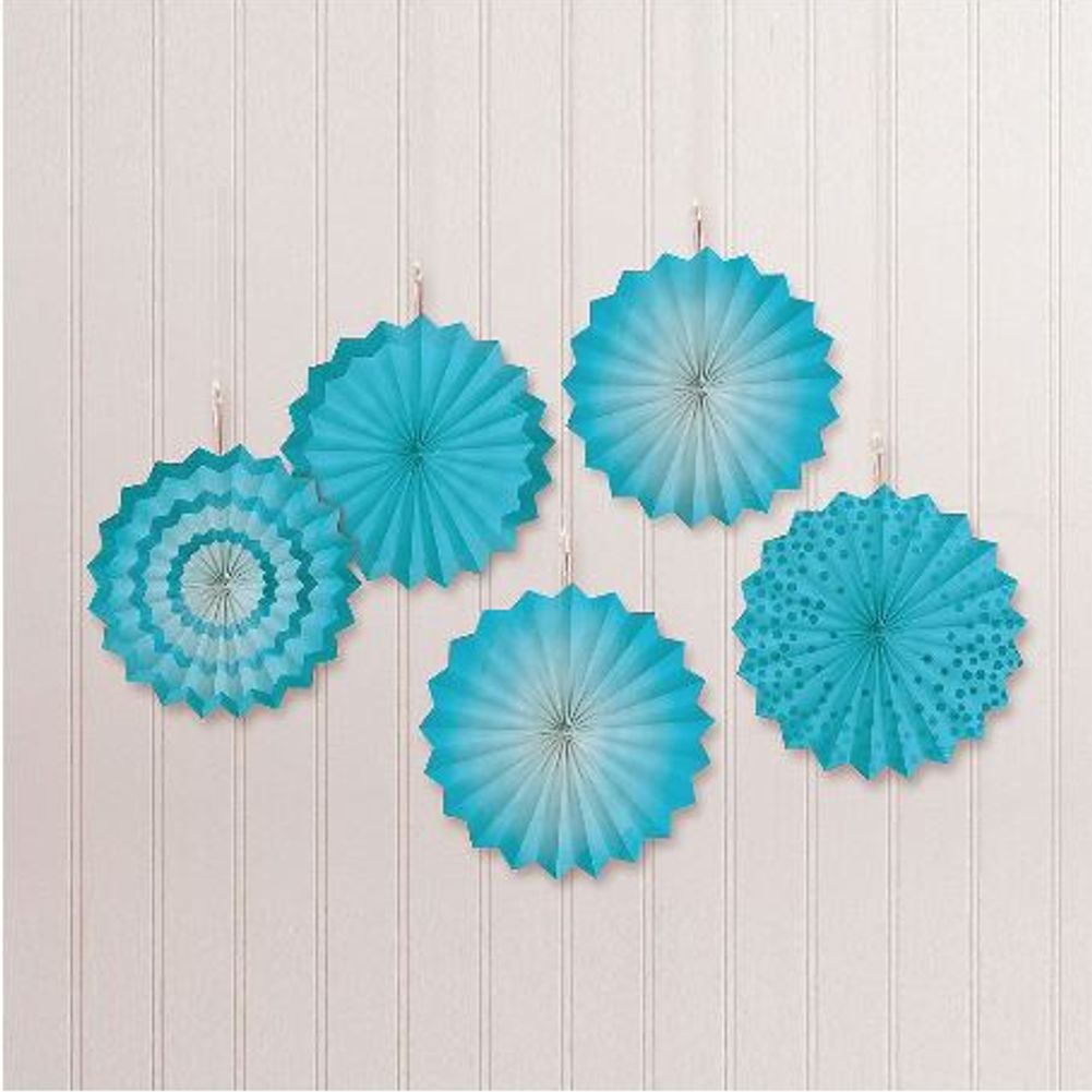 Caribbean Blue Mini Paper Fan Decorations, 5ct