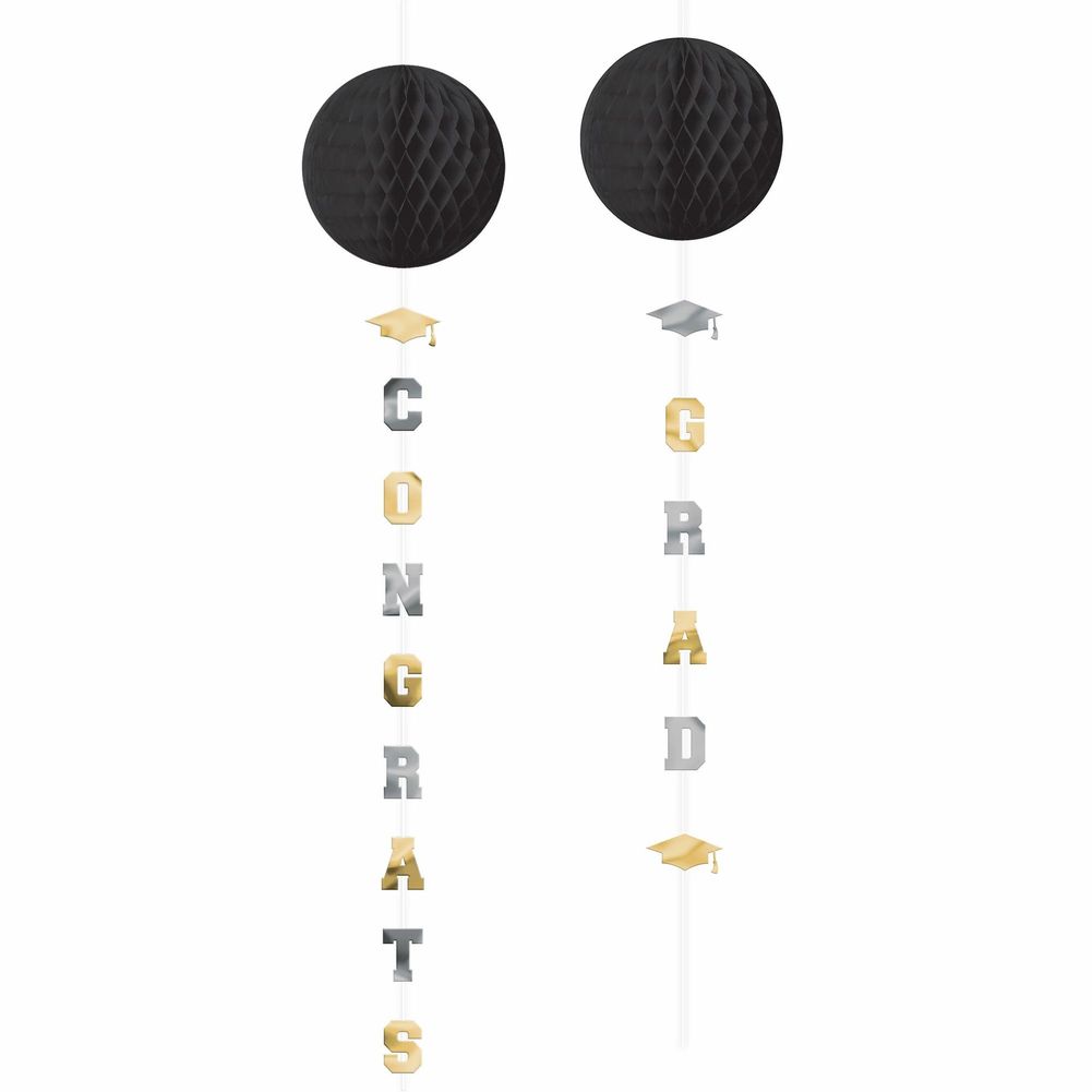 Grad Honeycomb Ball with Tails - Black Silver and Gold (3ct)