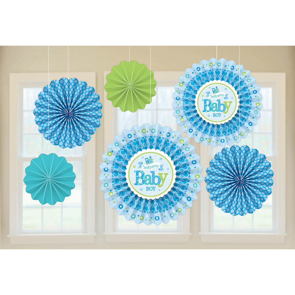 Welcome Little One Boy Paper Hanging Fans (6ct)