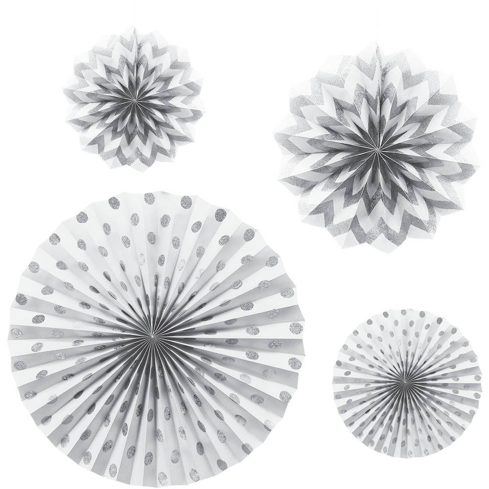 White Glitter Hanging Fans (4 ct)
