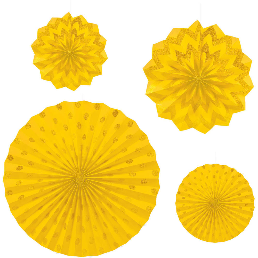 Sunshine Yellow Glitter Hanging Fans (4 ct)