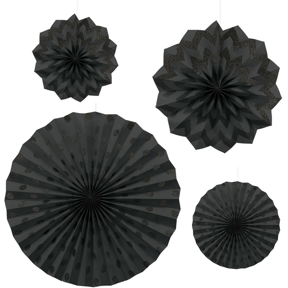 Black Glitter Hanging Fans (4 ct)