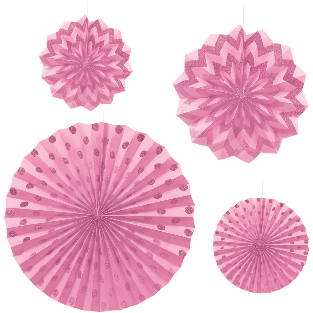 New Pink Glitter Hanging Fans (4 ct)