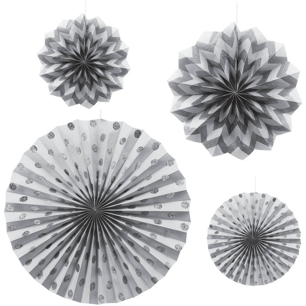 Silver Glitter Hanging Fans (4 ct)