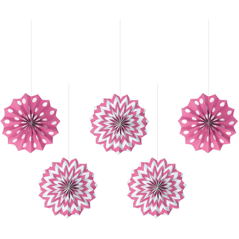 Bright Pink Printed Hanging Fans (5ct)