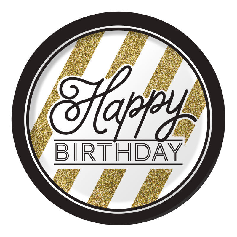 Black & Gold Happy Birthday Paper Dinner Plates (8ct)