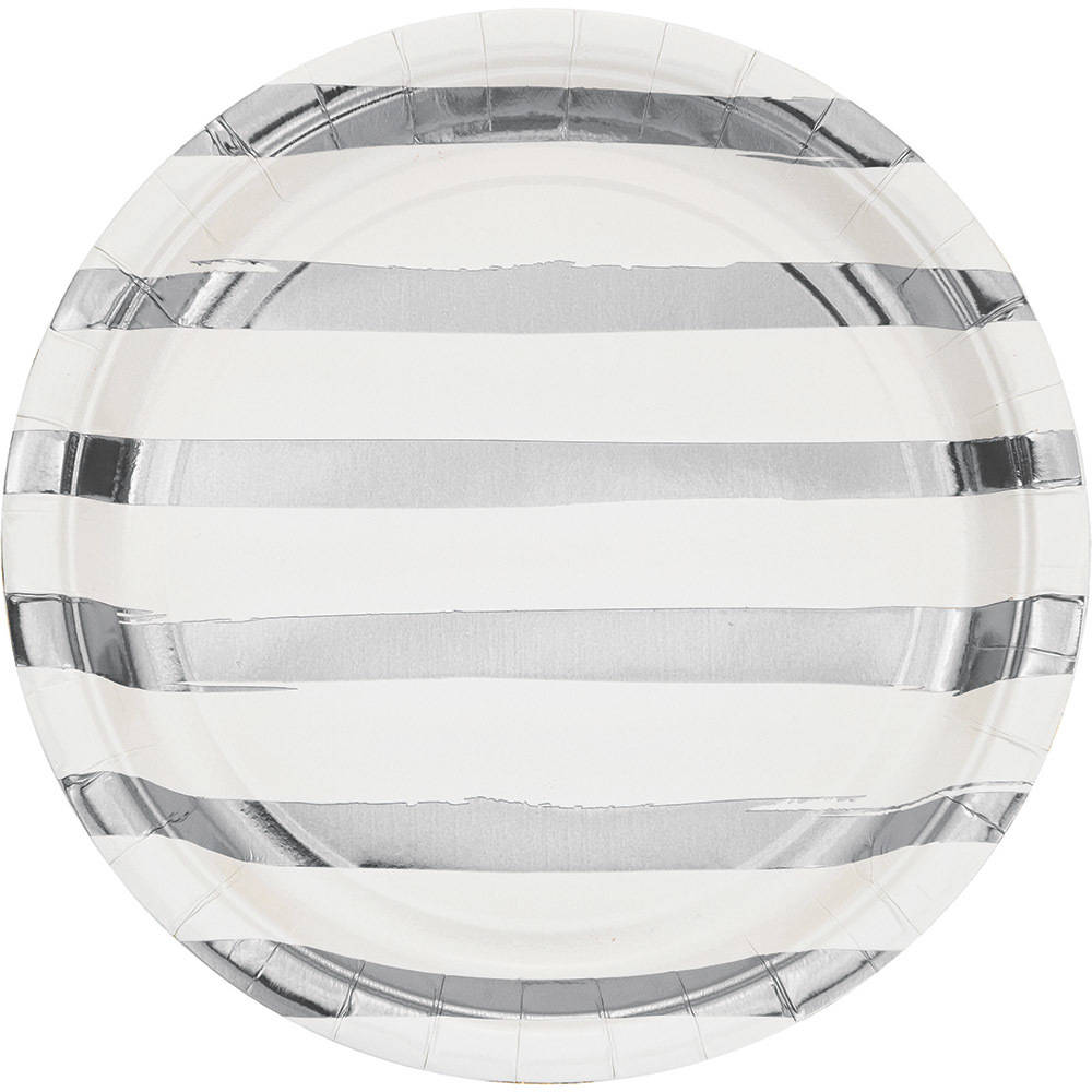 White & Silver Foil Stamp Paper Dinner Plates (8 ct)