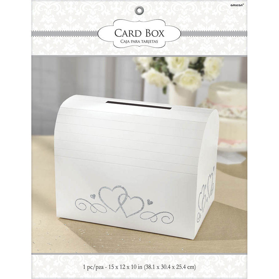 White Card Holder Box w/Silver Glitter Hearts