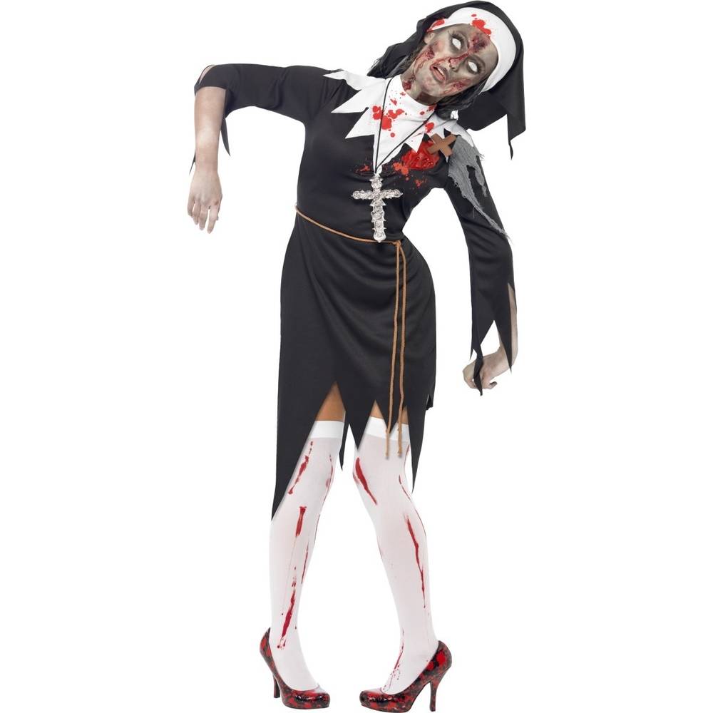 Zombie Bloody Sister Mary Costume Black Dress with Latex Wound Rope Belt and Headpiece