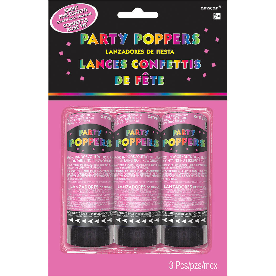 Bright Pink Confetti Party Poppers - 3 Pack