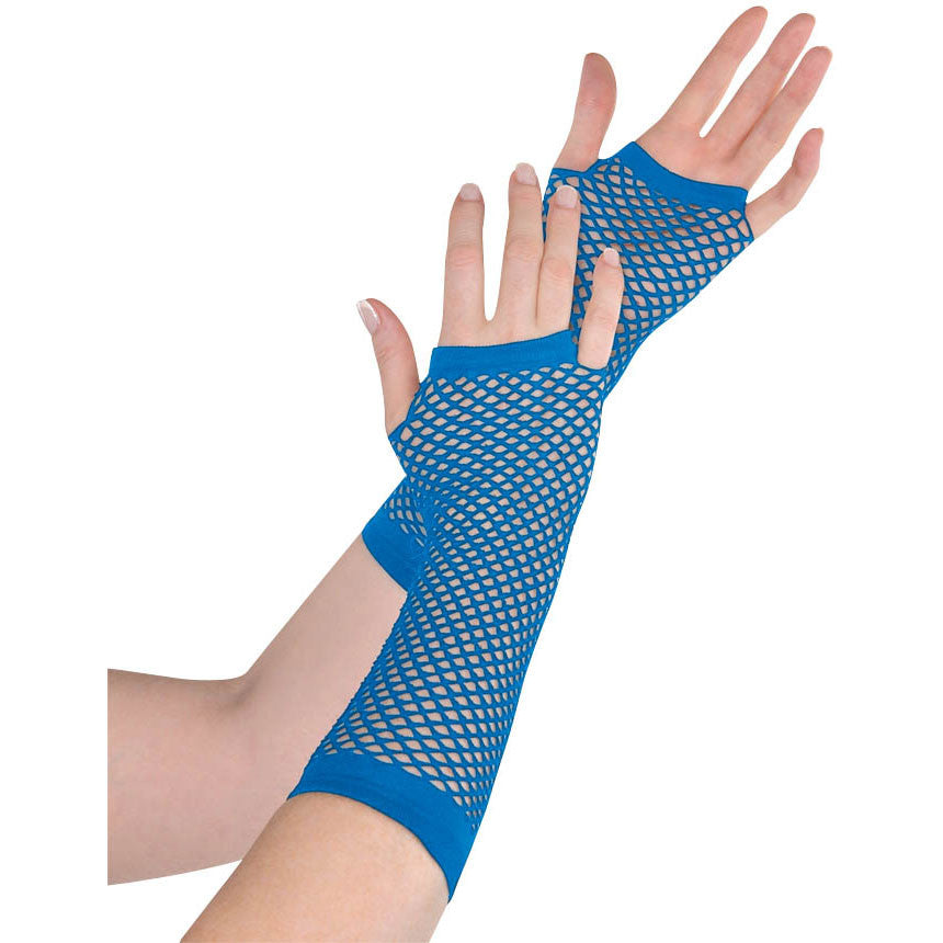 Blue Long Fishnet Fingerless Gloves