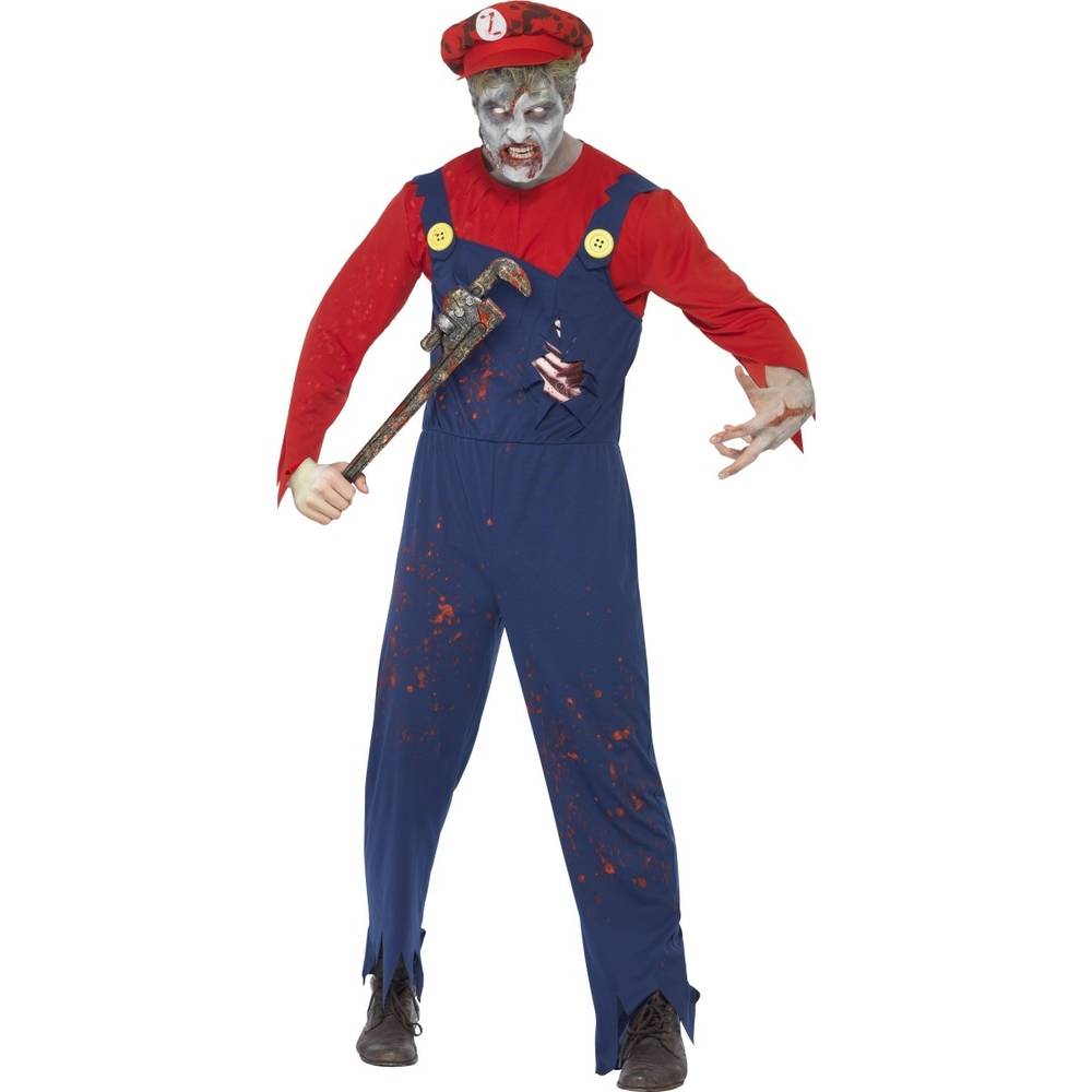 Zombie Plumber Costume Red with Top Dungarees with Latex Ribcage and Hat