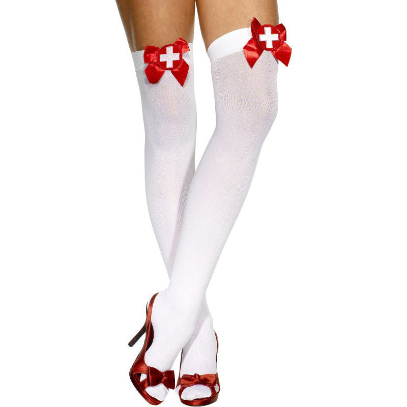 White Opague Thigh High Stockings With Red Bow