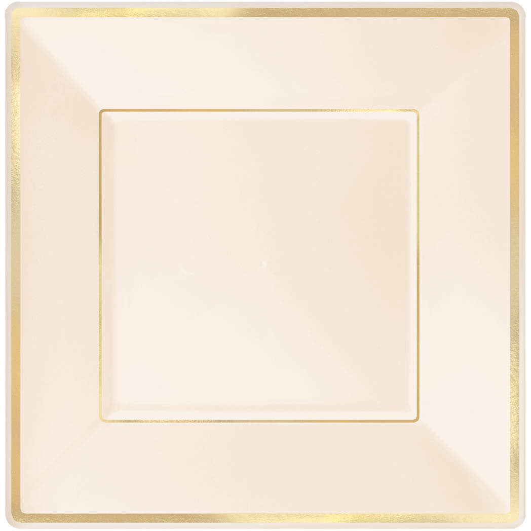 Plates 7.25" Plastic Square Cream w/Gold Trim