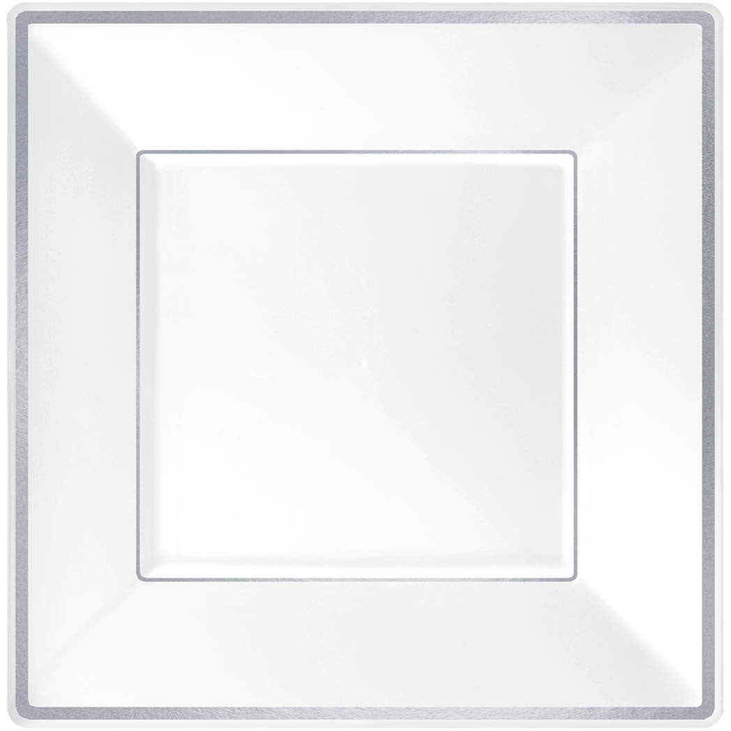 Silver Trimmed White Square Plastic Dessert Plates (8 ct)
