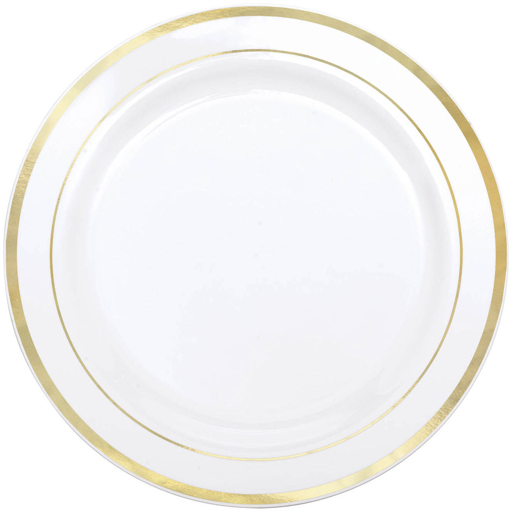 White Plastic Banquet Plates w/Gold Trim (10ct)