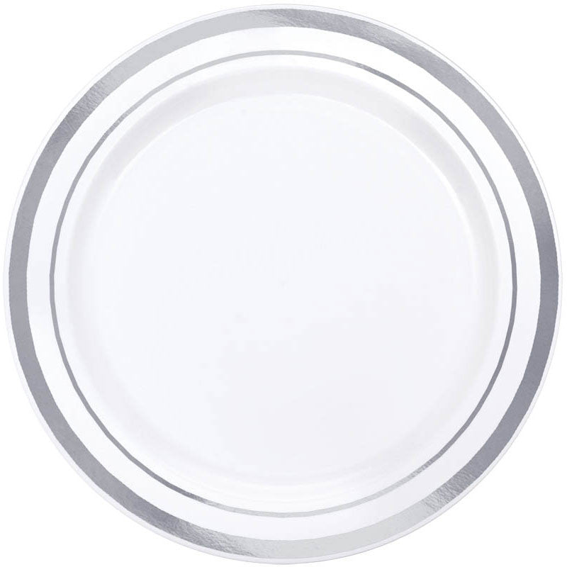 Plastic White and Silver Dessert Plates