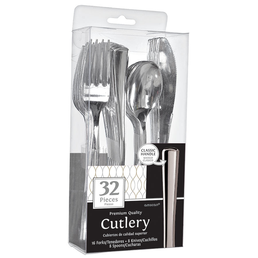 Premium Plastic Stainless Silver Cutlery Sets (32 ct)