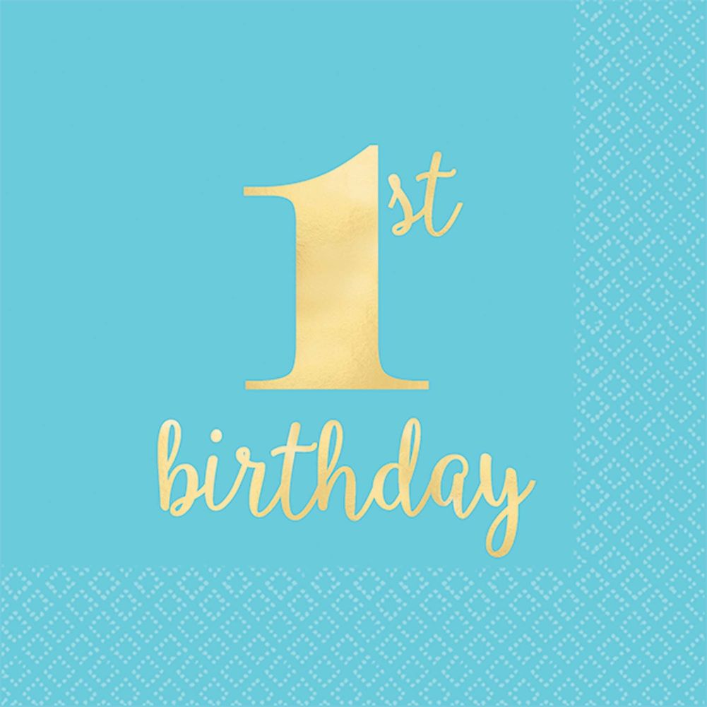 Premium 1st Birthday Blue Hot Stamped Beverage Napkins (16 ct)