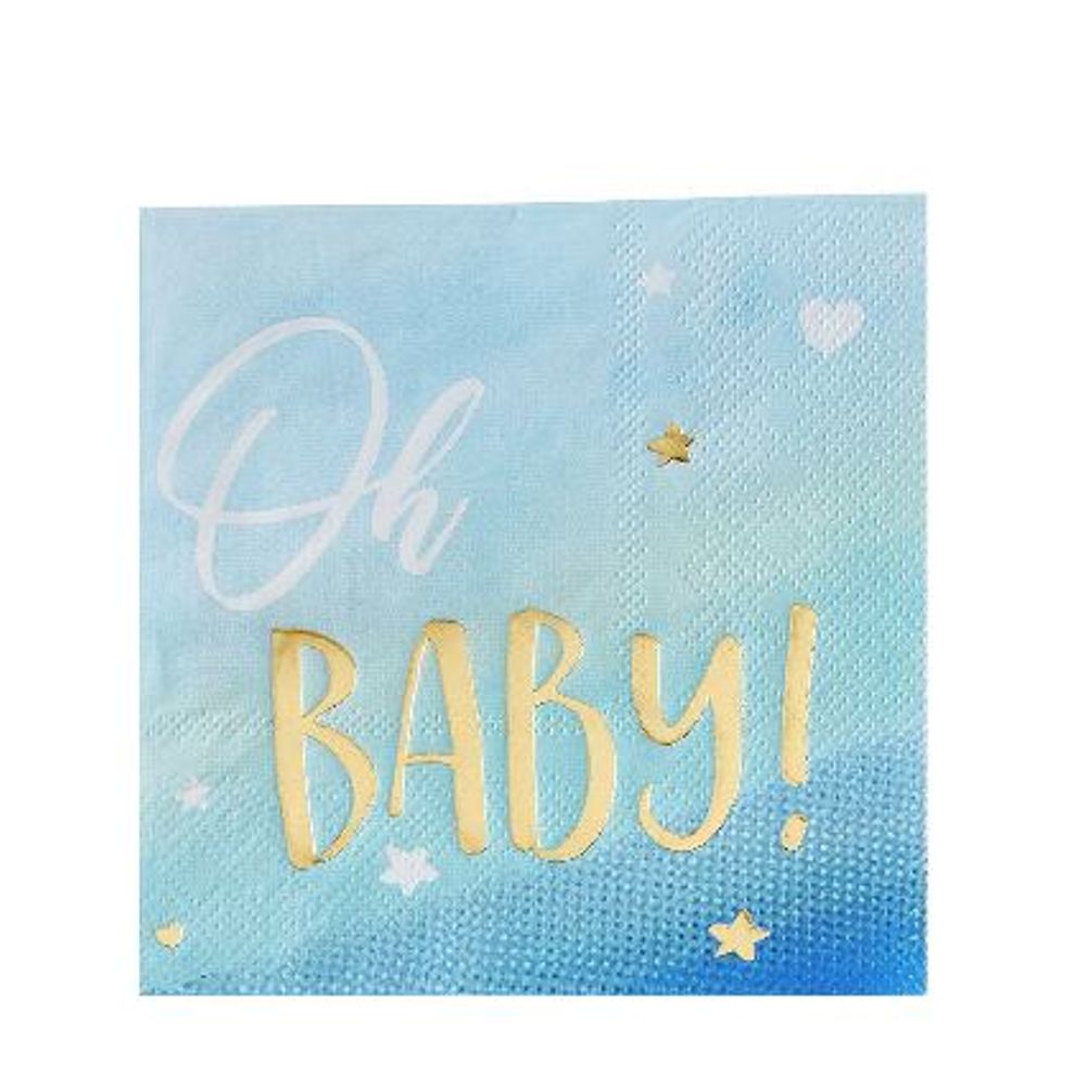 Blue & Metallic Gold Oh Baby Beverage Napkins, 16ct