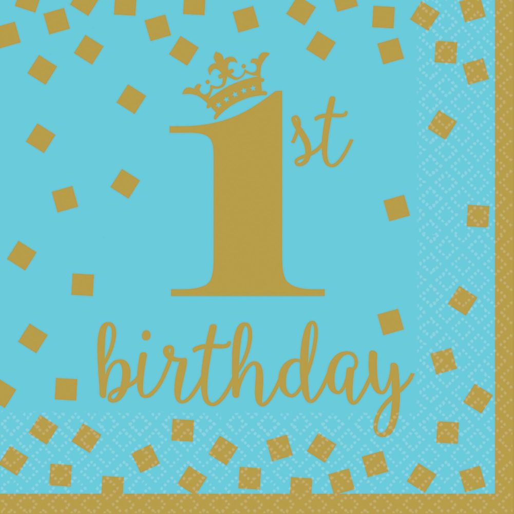 1st Birthday Blue & Metallic Gold Luncheon Napkins (16ct)