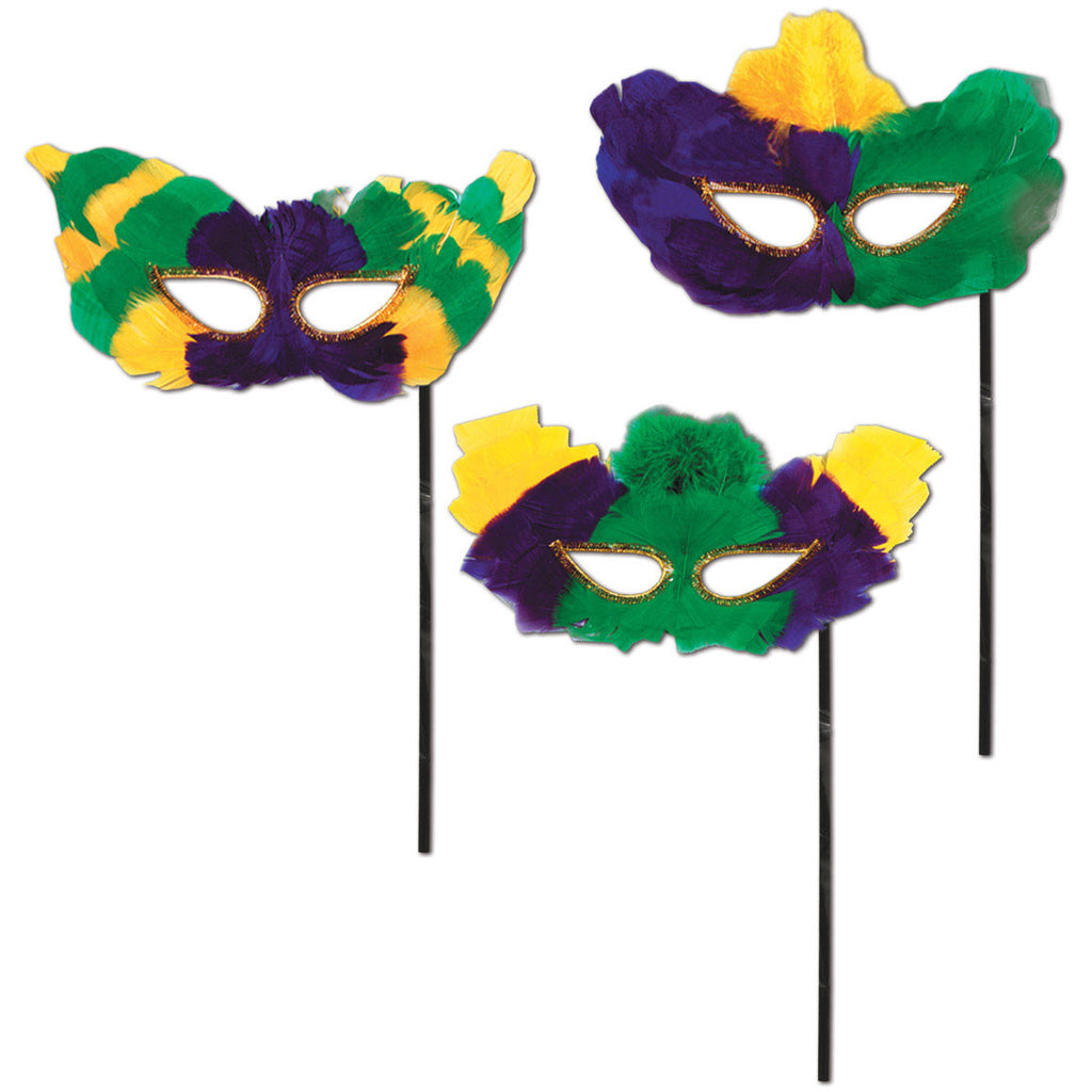 Mardi Gras Fanci-Feather Masks w/Stick