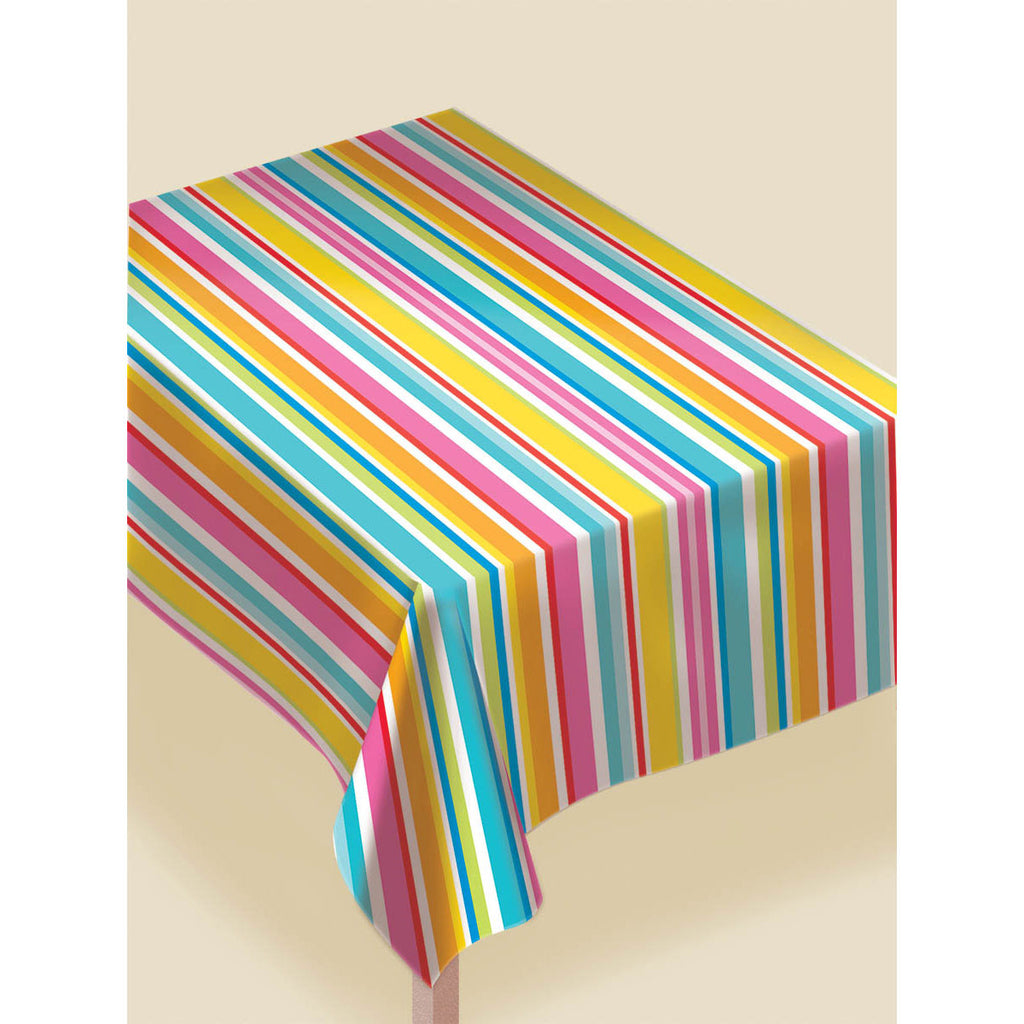 Bright Colored Striped Flannel-Back Vinyl Tablecover