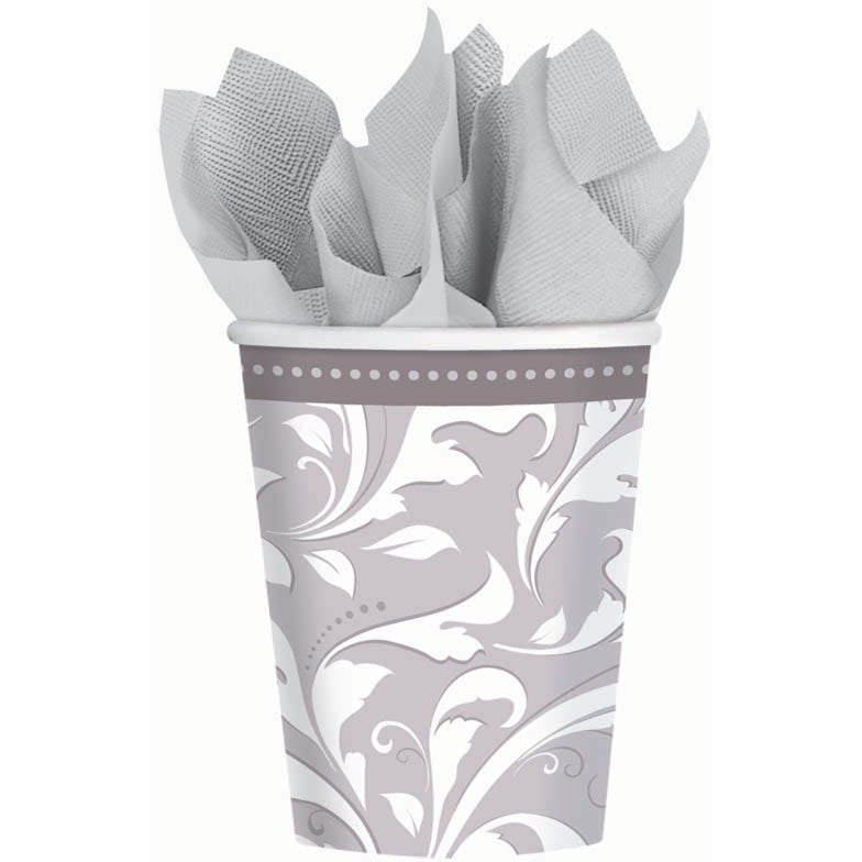 Silver Elegant Scroll 9oz Paper Cups (8ct)