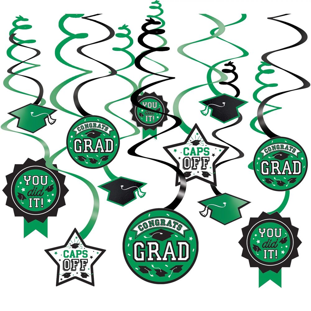 Congrats Grad Swirl Decoration Green (12ct)