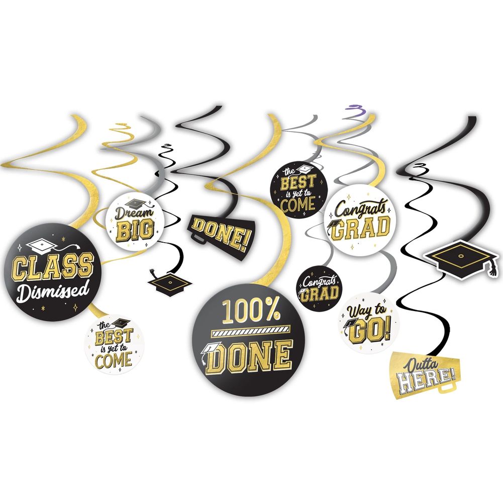Congrats Grad Swirl Decoration Black, Silver & Gold (12ct)