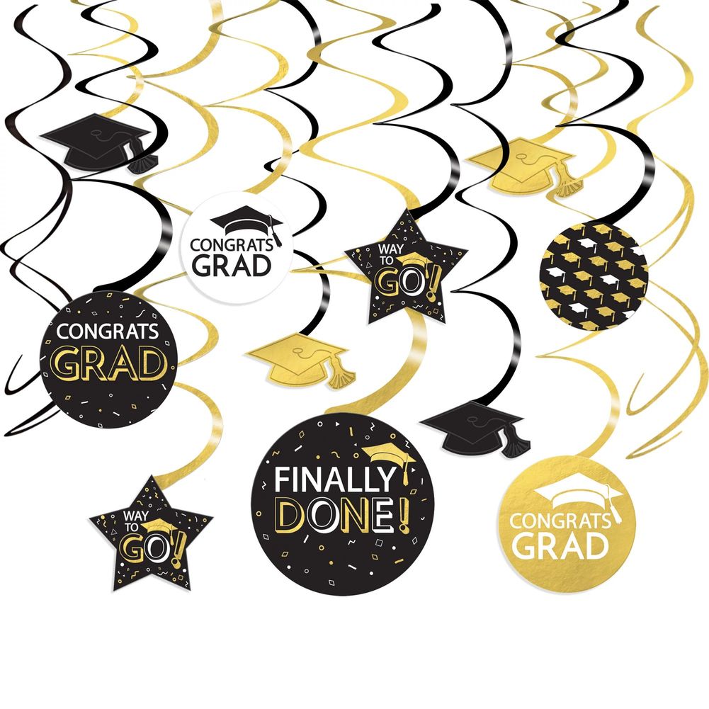 Graduation Swirl Decorations Black, Silver & Gold (30ct)
