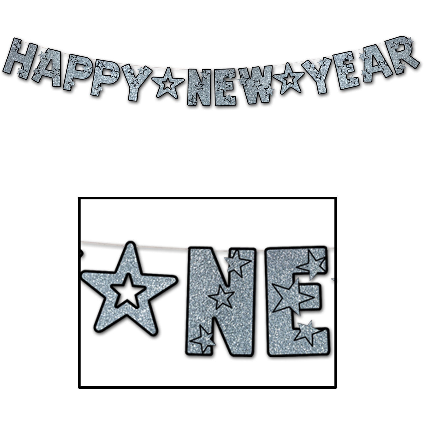 Glittered Black/Silver Happy New Year Banner