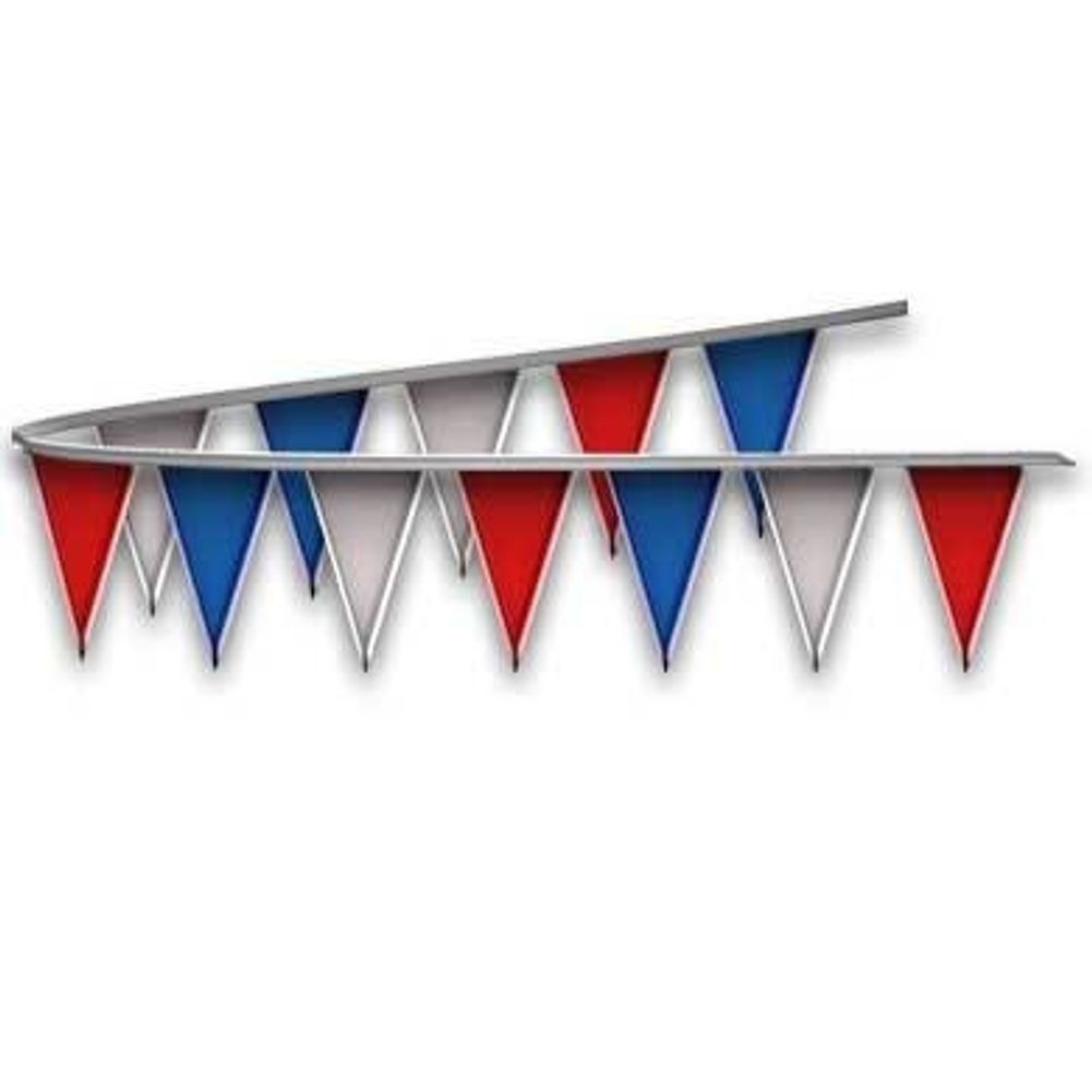 Blue, Red, and Silver Metallic Triangle Pennant Flags 50 Ft.
