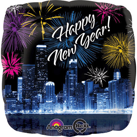 18" New Year Skyline & Fireworks Foil Balloon
