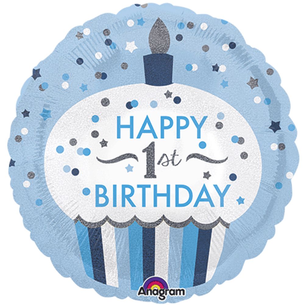 18" 1ST BIRTHDAY CUPCAKE BOY HOLOGRAPHIC