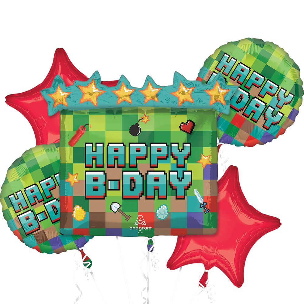 Pixel Birthday Party Balloon Bouquet Foil Balloons (5ct)