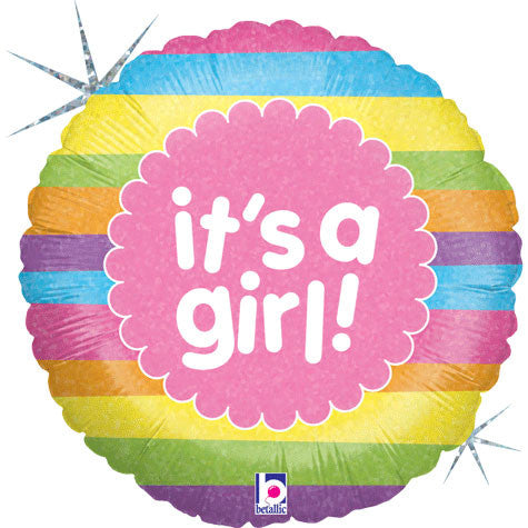 18" It's A Girl Rainbow Stripes Holographic