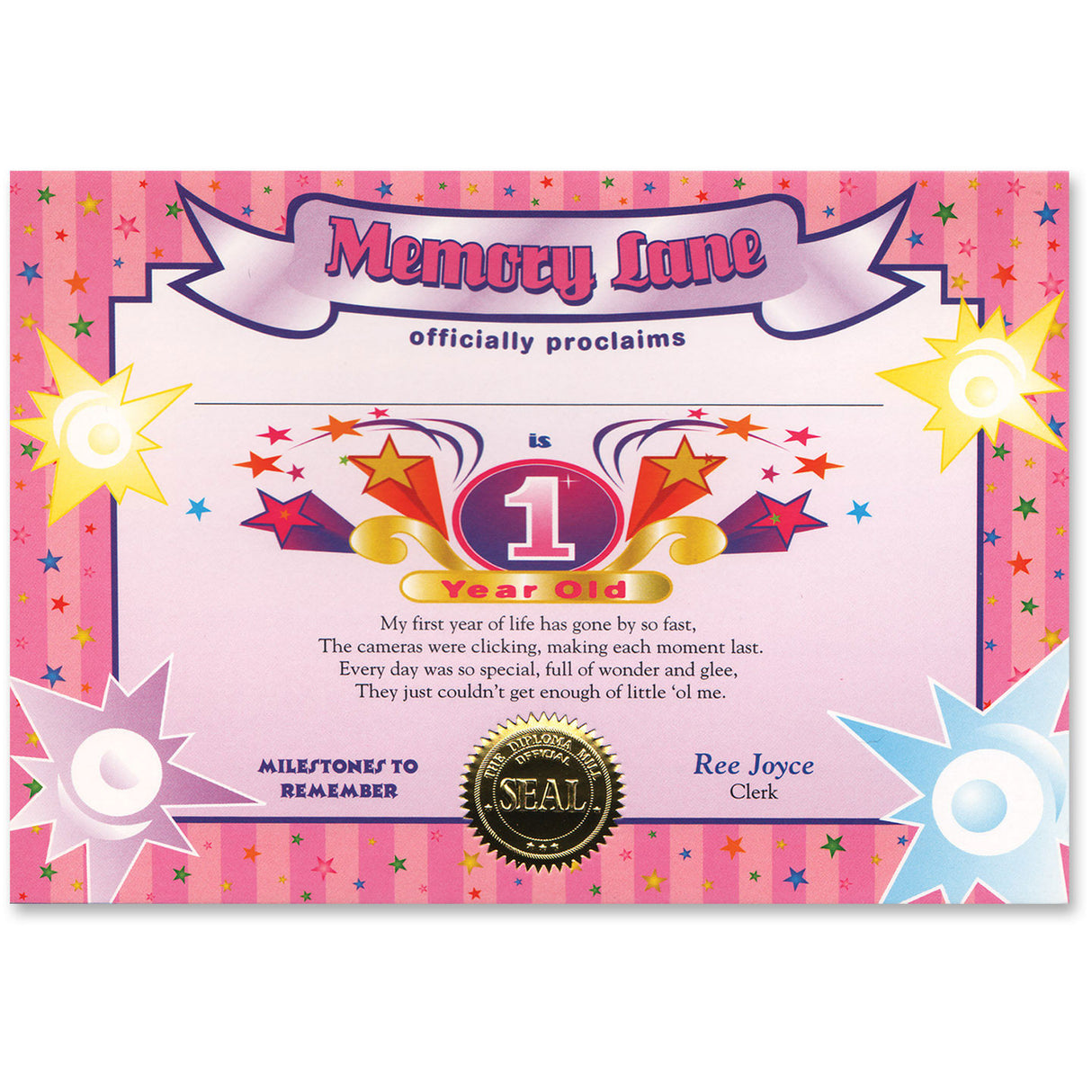 1 Year Old Girl Certificate Greeting