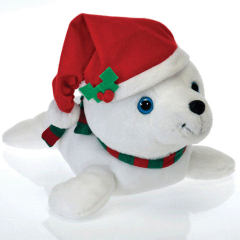 11" Bean Bag White Seal With Christmas Hat