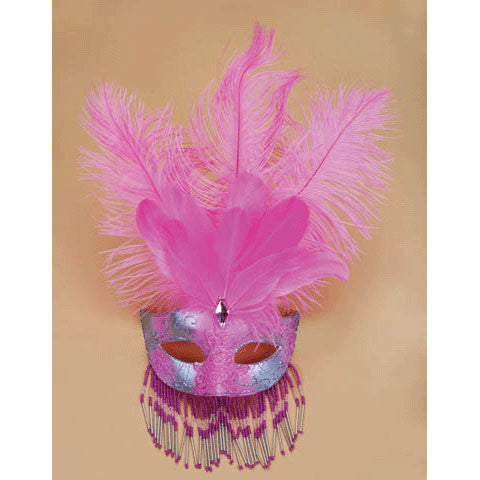 Pink Venetian Half Mask With Feathers & Beads