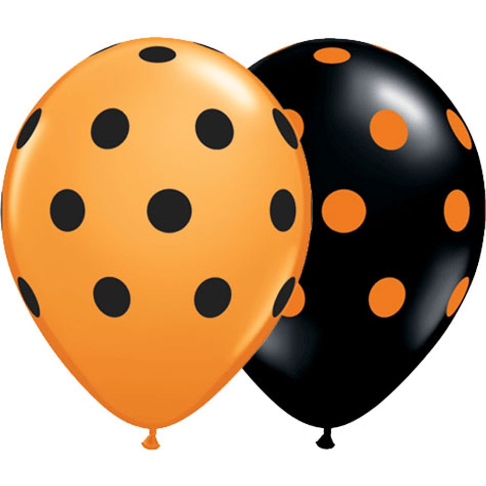 11" Black/orange Big Polka Dots Around Latex Balloons (50ct)